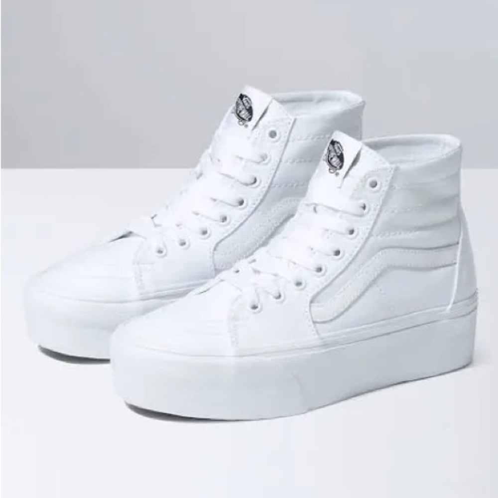 All white platform Vans